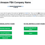 Detailed financial model layout for Amazon FBA, highlighting editable input cells.