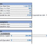 Table showing financial assumptions: projection dates, tax rates, and equity investments.