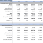 Summary of financial statements including income statement with revenues and profits, and balance sheet with assets and liabilities.
