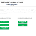 Screenshot of Vegetable Farm Financial Model Template showing input pages, financial outputs, and key metrics.
