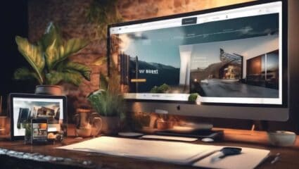 Multiscreen workspace illustrating a web design interface