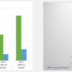 Bar and line charts showing revenue, direct costs, and cash flow summaries for five years.
