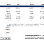 Discounted Cash Flow (DCF) valuation table showing Net Income, Terminal Value, and Equity Value over several years.