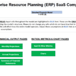 SaaS Financial Model Template Overview | eFinancialModels Screenshot of a detailed SaaS financial model template with highlighted input cells and various financial output sections.