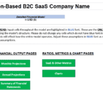 Illustration of a financial model template for B2C SaaS companies showing input, output, and metrics sections.