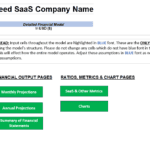 Screenshot of a SaaS financial model template showing input assumptions and output projections.