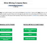 Financial model template for silver mining with input and output categories.