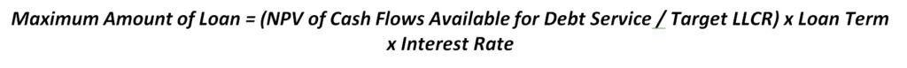 Maximum Loan Calculation Using LLCR Formula | eFinancialModels Calculation formula for maximum loan based on cash flow, LLCR, and interest rate.