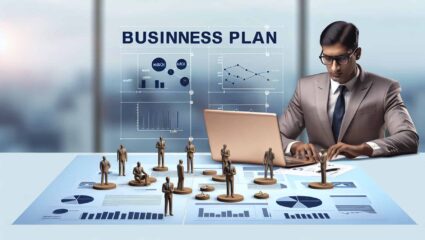 Professional crafting a business plan surrounded by analytical charts and figures.