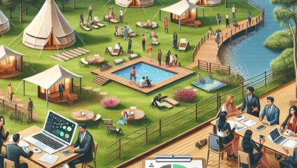 Visual representation of glamping business with charts, meetings, and a scenic outdoor setup.