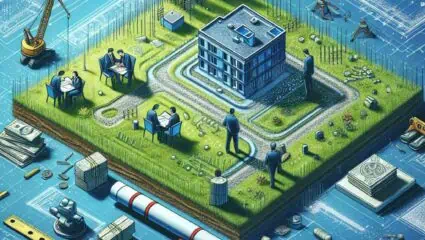 Visual representation of land development stages with construction elements and planning discussions.