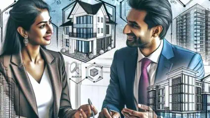 Professionals discuss financial models with real estate graphs and charts in the background.
