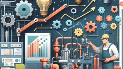 Visual representation of start-up costs analysis in the electrical sector, featuring machinery and graphs.