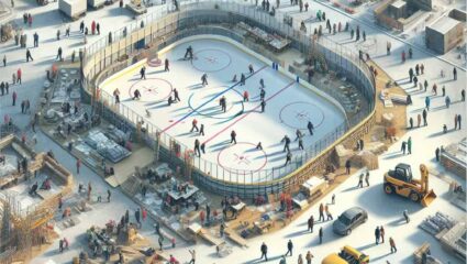 Construction workers and equipment at an ice rink site.
