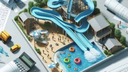 Water park construction model with financial documents and calculator.