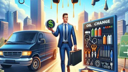Entrepreneur with tools and dollar sign, symbolizing mobile oil change business potential.
