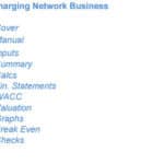 Navigation menu for EV Charging Network model, highlighting key components like inputs and financial statements.