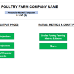 Structure of a broiler poultry farming financial model template with input and output sections.