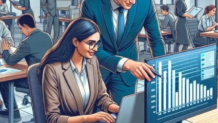 Team analyzing IT support cost data on a computer in a modern office.