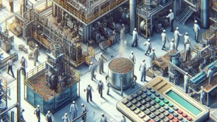 Factory scene highlighting production workers and a large calculator for cost analysis.