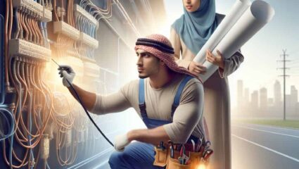 Electrician repairing wiring with a colleague holding plans
