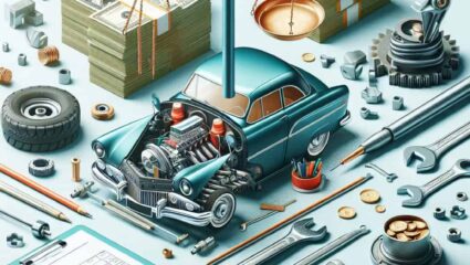 Financial analysis of car restoration with tools, currency, and a classic vehicle.