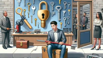 Locksmith business tools displayed outside a storefront.