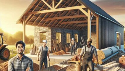 Horse barn construction site with workers and materials visible.