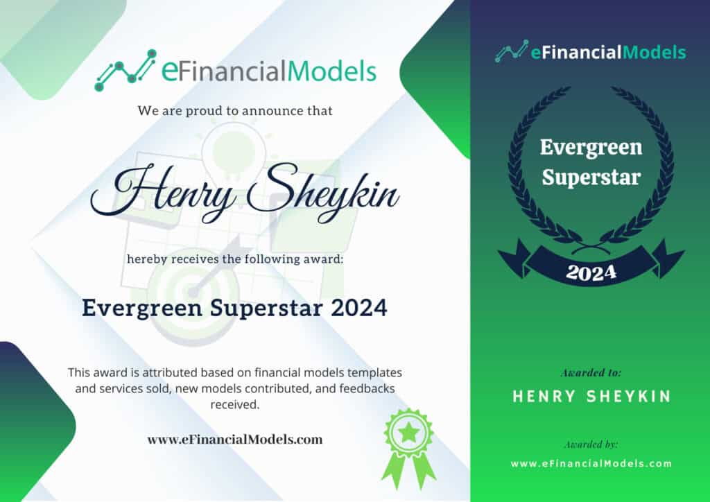 Evergreen Superstar Award Certificate for 2024 | eFinancialModels Award certificate recognizing Henry Sheykin as Evergreen Superstar 2024.