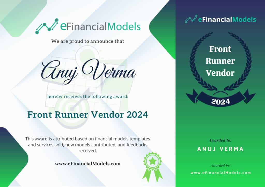 Front Runner Vendor Certificate 2024 | eFinancialModels Front Runner Vendor 2024 certificate recognizing Anuj Verma's achievements.