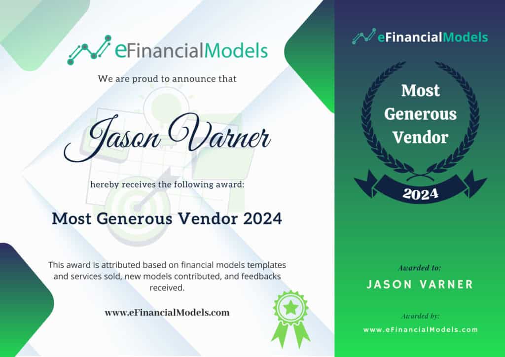 Most Generous Vendor Award Announcement 2024 | eFinancialModels Certificate showcasing Jason Varner as Most Generous Vendor 2024 for outstanding contributions.