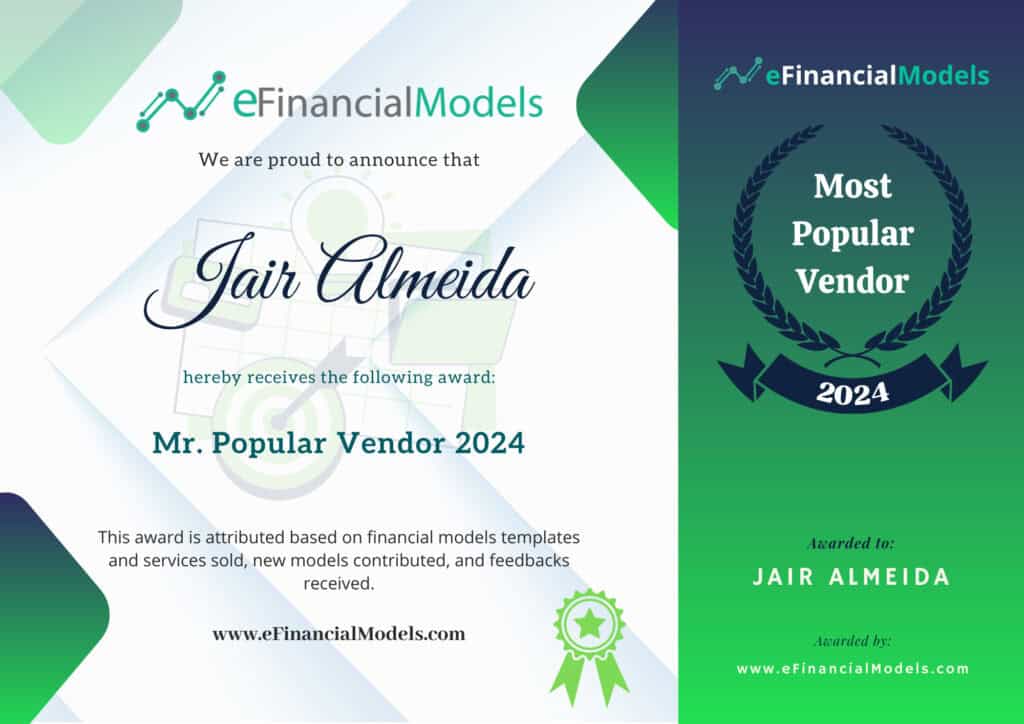 Mr. Popular Vendor Award 2024 for Jair Almeida | eFinancialModels Jair Almeida awarded Most Popular Vendor 2024 for excellence in financial modeling contributions.