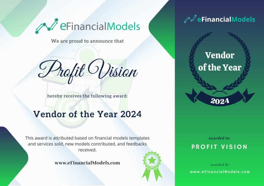 Profit Vision Vendor of the Year Award 2024 | eFinancialModels Certificate awarding Profit Vision as Vendor of the Year 2024 for financial modeling contributions.