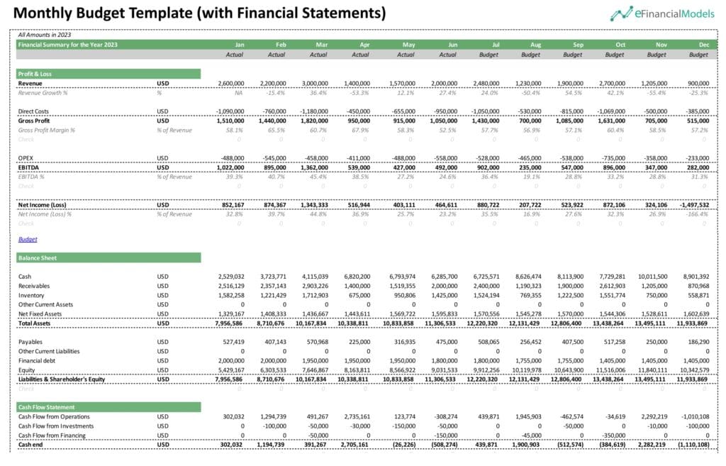 Monthly Budget Template with Financial Statements | eFinancialModels 6 - Monthly Budget Template