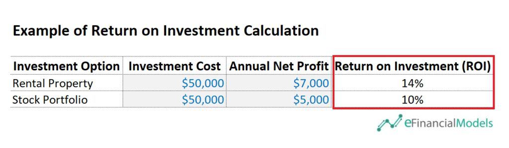 ROI Comparison for Rental Property and Stock Portfolio | eFinancialModels 7 - Example of return on investment calculation 3