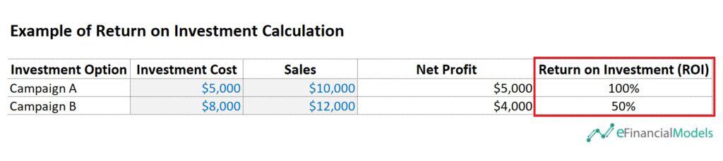 ROI Calculation Example for Investment Campaigns | eFinancialModels 9 - Example of return on investment calculation 5