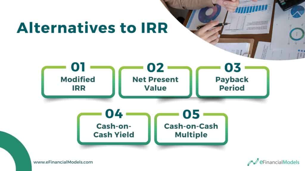 Alternatives to Using IRR for Investment Analysis | eFinancialModels Five alternatives to IRR: Modified IRR, NPV, Payback Period, Cash-on-Cash Yield, Cash-on-Cash Multiple.