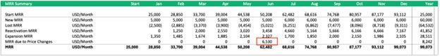 MRR Summary Table for Yearly Revenue Analysis | eFinancialModels MRR due to Price Changes