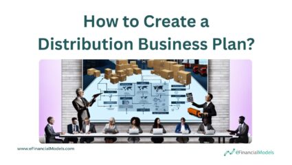 Team discussing strategies for a distribution business plan with logistics flowchart.