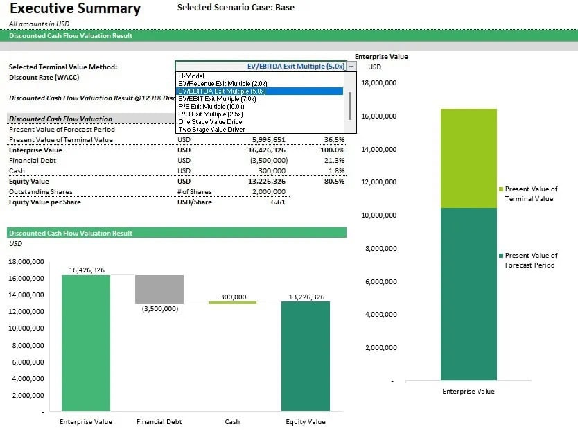 Executive Summary of Discounted Cash Flow Valuation | eFinancialModels Discounted cash flow valuation results showing enterprise and equity values, financial debt, and cash.