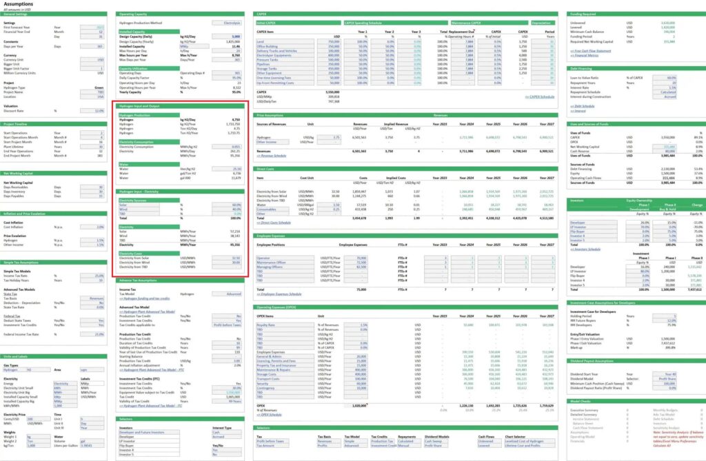 Assumption Table for Green Hydrogen Production Plant | eFinancialModels 7 - Assumption Table for Green Hydrogen Production Plant