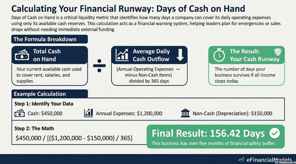 days of cash on hand formula breakdown | eFinancialModels Infographic explaining how to calculate a business's cash runway: cash on hand divided by average daily cash outflow equals the number of days the business can operate if income stops today, with a final result of 156.42 days and a note about five months of financial safety buffer.