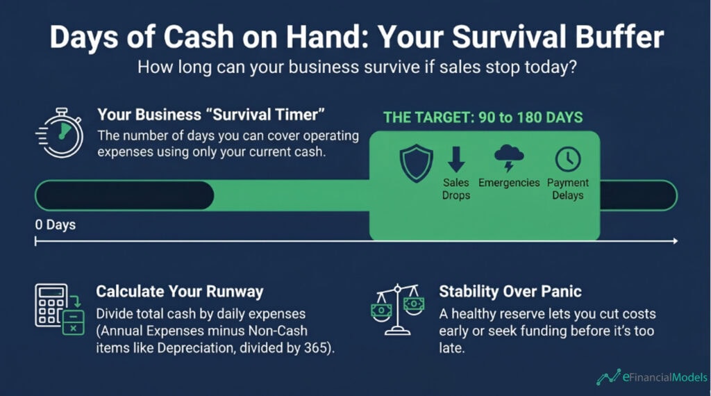 days of cash on hand info 1 | eFinancialModels Infographic explaining days of cash on hand as a survival buffer, noting a 90–180 day target with icons for sales drops, emergencies, and payment delays.