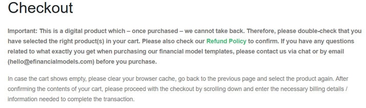 Checkout Instructions for Digital Products | eFinancialModels Checkout process details for digital product purchases on eFinancialModels.com