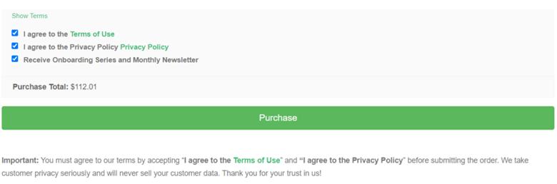 Financial Model Purchase Checkout Screen | eFinancialModels Checkout screen showing purchase total and options to agree to terms and privacy policy