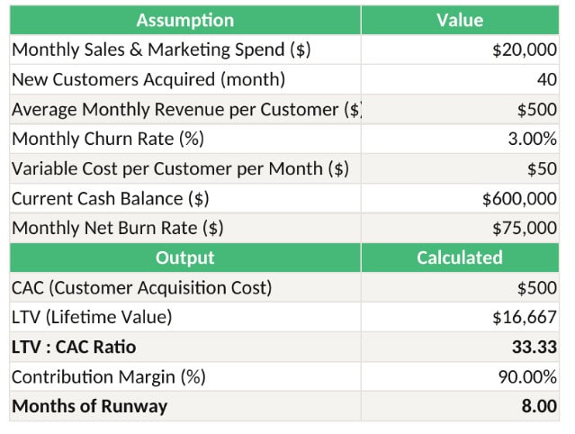 6121 | eFinancialModels Table of business metrics with two sections (Assumption and Output). Assumptions include: Monthly Sales & Marketing Spend ,000; New Customers 40; Avg Monthly Revenue per Customer 0; Monthly Churn 3%; Variable Cost per Customer ; Current Cash Balance 0,000; Monthly Net Burn ,000. Outputs show: CAC 0; LTV ,667; LTV:CAC Ratio 33.33; Contribution Margin 90%; Months of Runway 8.