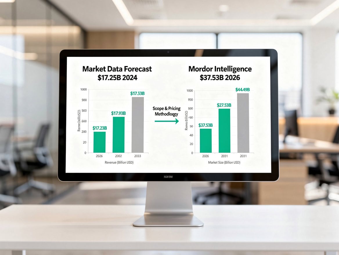 Diagram comparing two rum market data sources: Market Data Forecast $17.25B baseline versus Mordor Intelligence $37.53B baseline with reconciliation methodology arrow