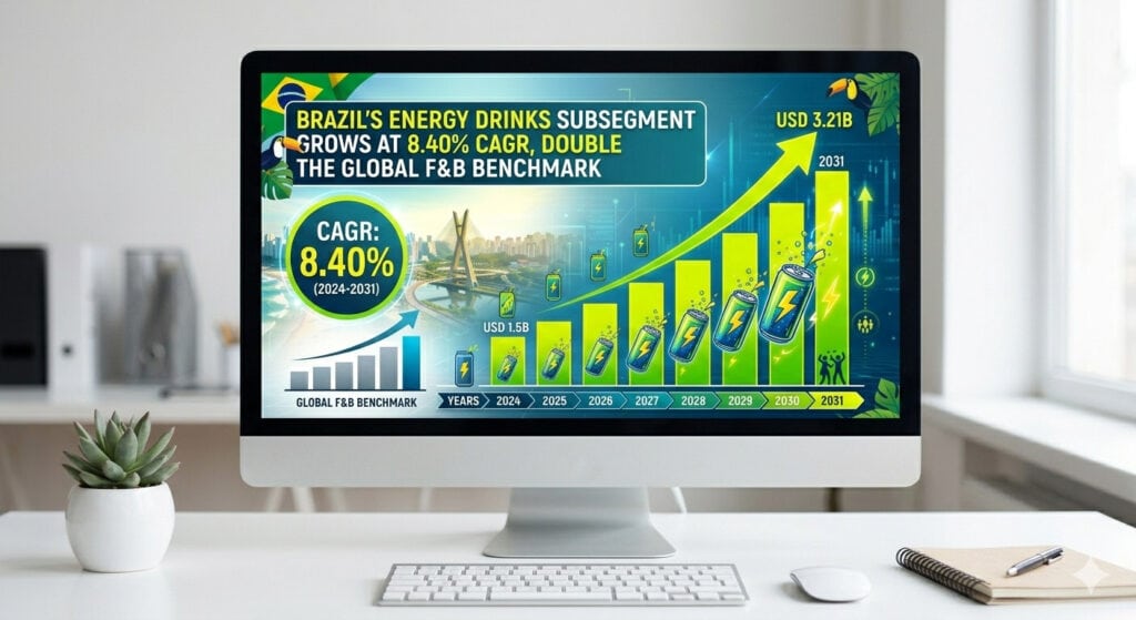 Gemini_Generated_Image_6wyr0q6wyr0q6wyr | eFinancialModels Monitor displaying a bright infographic about Brazil's energy drinks market growth (CAGR 8.40%) with a rising bar chart and year-by-year data up to 2031.