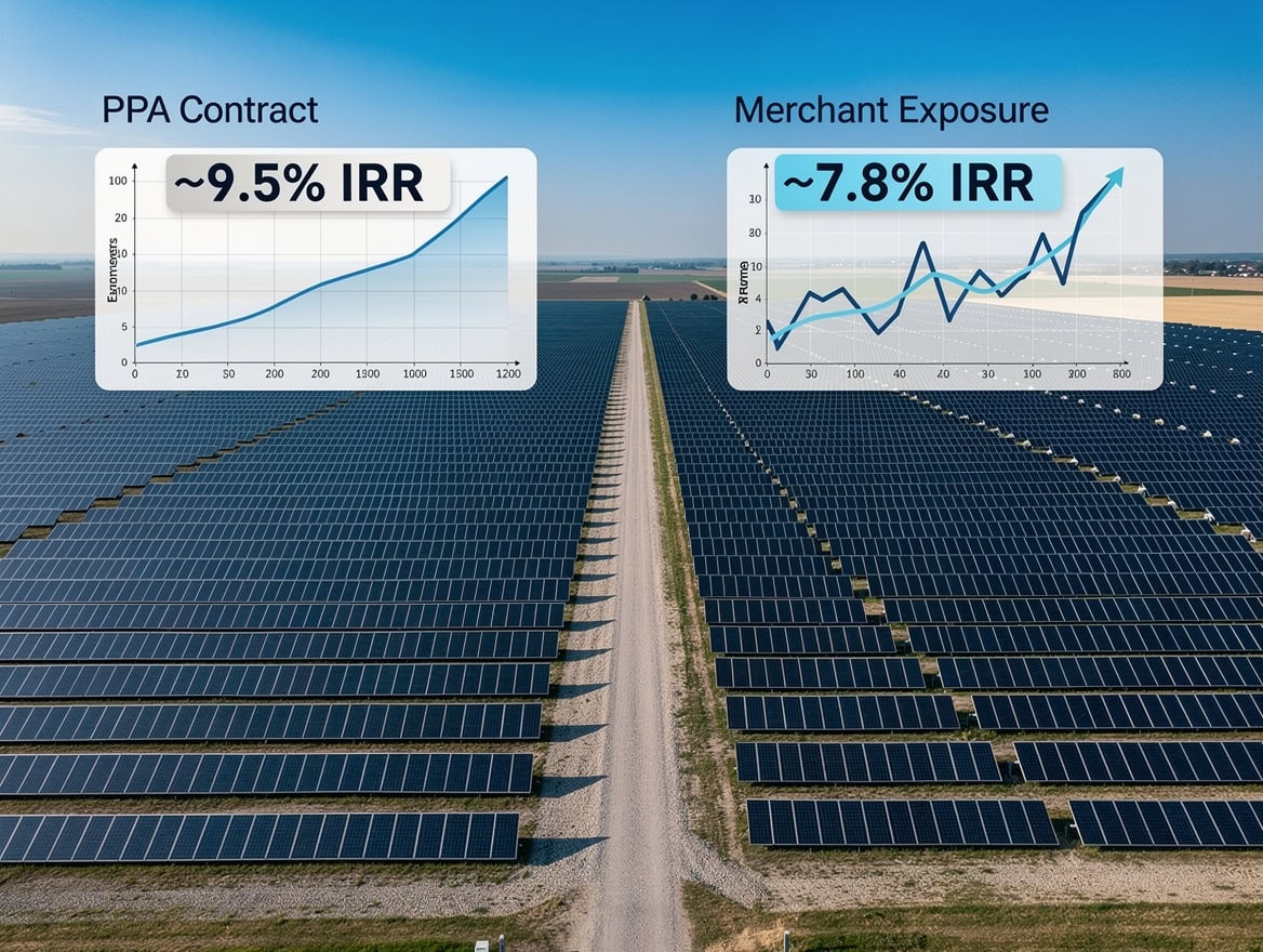Financial analyst reviewing Italian solar project financial model on dual monitors with IRR sensitivity table and Italy irradiance map