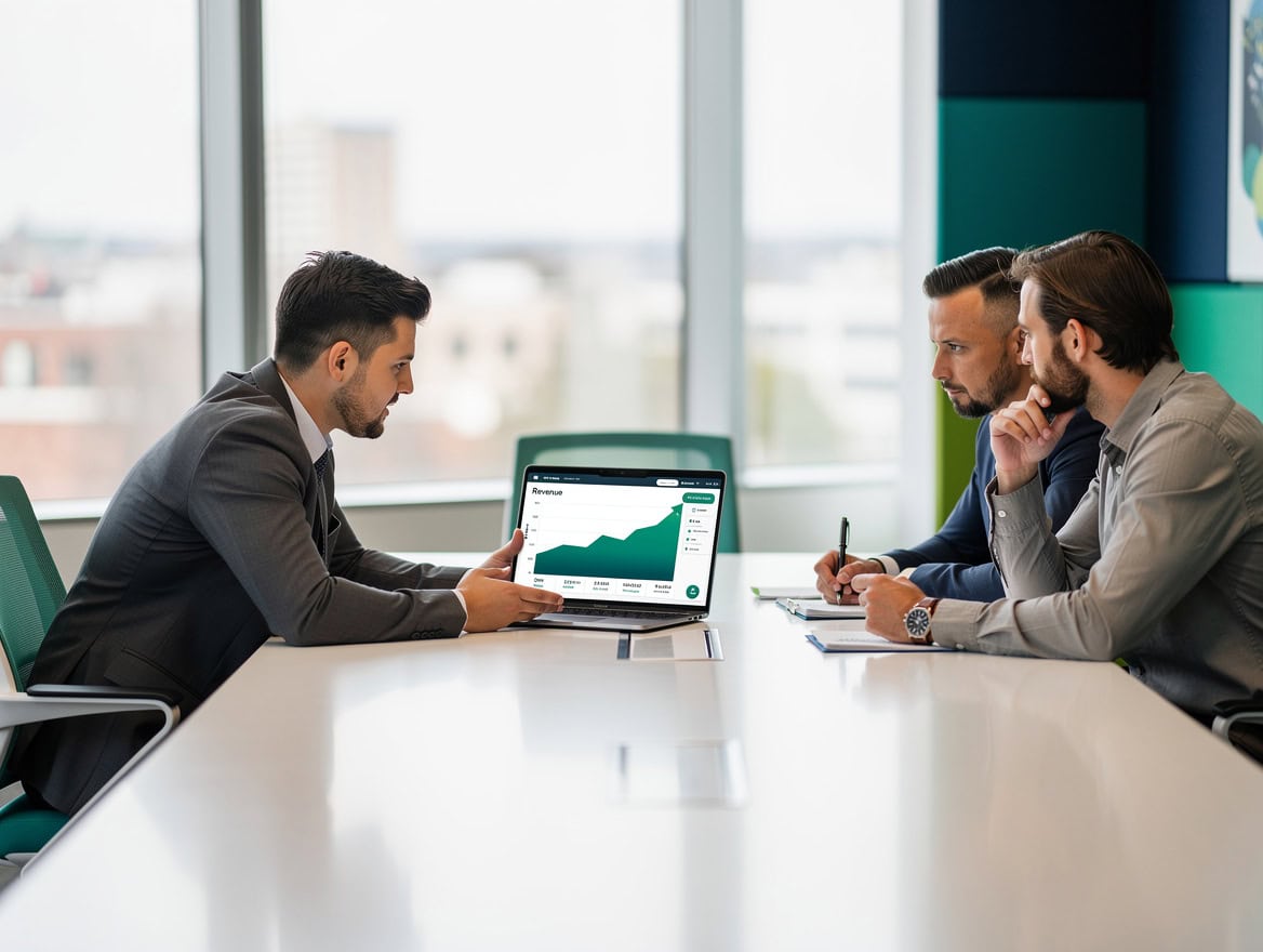 Startup founder reviewing cap table and dilution model on laptop with equity ownership charts on screen